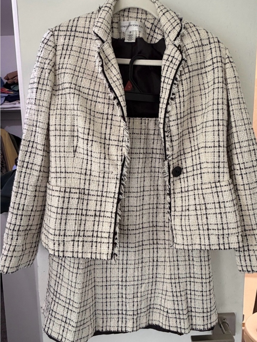 Jones New York Cream and Black Tweed Blazer and Skirt Set
